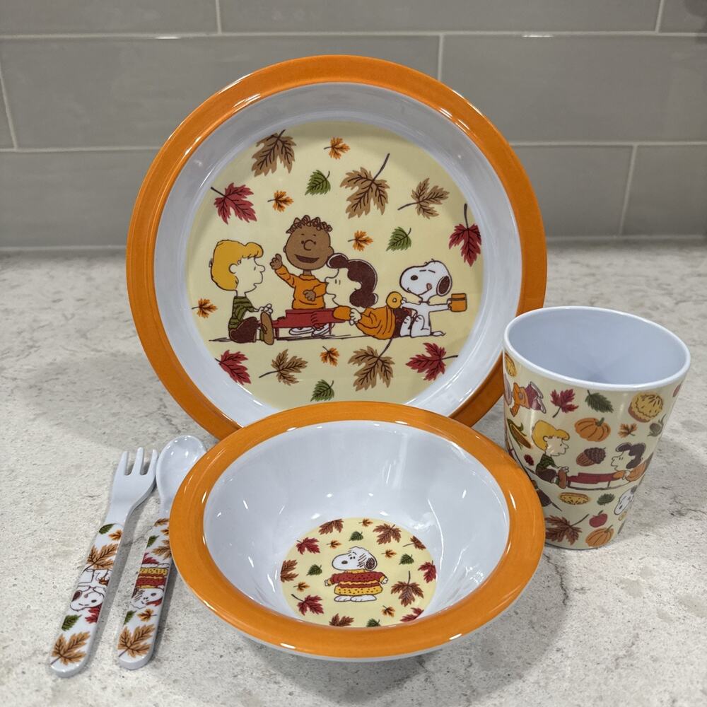 Peanuts 5 Pc Kids Fall Thanksgiving Melamine Plate Bowl Cup Set Snoopy Charlie